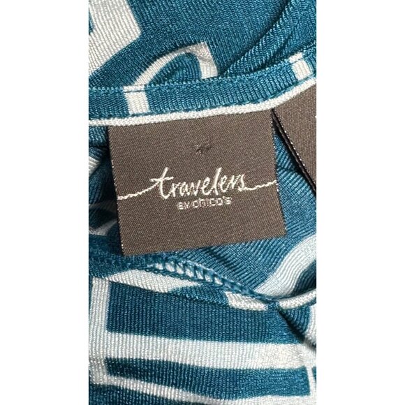 Chicos 3 Travelers XL 16/18 Blue Geometric Print 3/4 Sleeve Asymmetrical Top - Picture 2 of 9